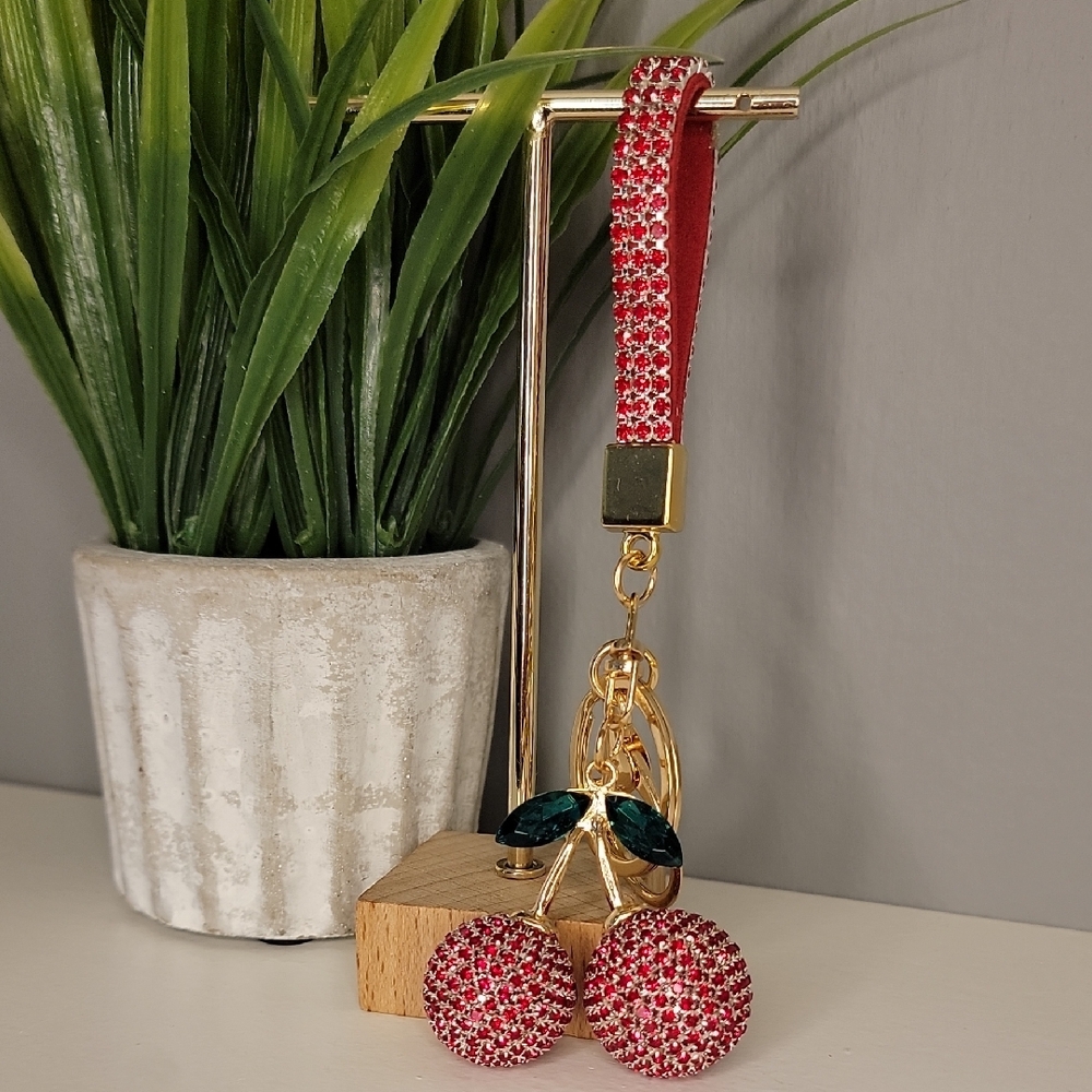 Cherry Red Rhinestone Keychain Bag Charm - Picture 7 of 8